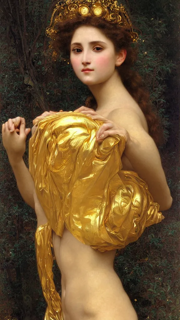 Image similar to painting portrait of a beautiful woman like an ancient goddess, intricate, elegant, digital painting, smooth, sharp focus, shiny gold, realistic gold, realistic metal, by William-Adolphe Bouguereau and Gustav Klimt,