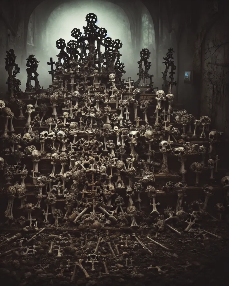 Image similar to full color, low wide shot of sedlec ossuary, bones, anime style mixed with fujifilm, dark, foggy, atmospheric, artstation, cgsociety, octane render, cgi, unreal engine 5, denoise, detailed, cinematic masterpiece