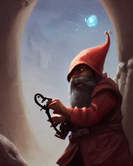 Prompt: male fantasy gnome spy, wearing a hooded cloak, playing a magical mandolin, shadowy figure by peter mohrbacher, artstation