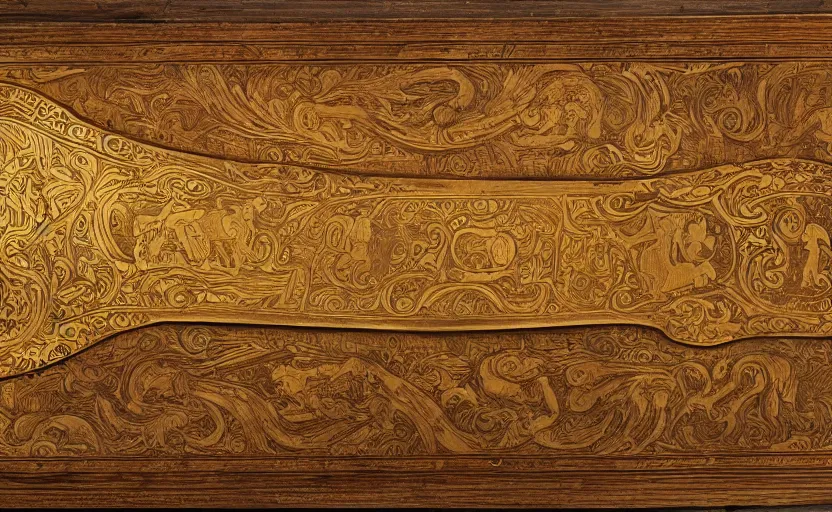 Image similar to golden musket with engravings laying on a wooden table, complex, high detail