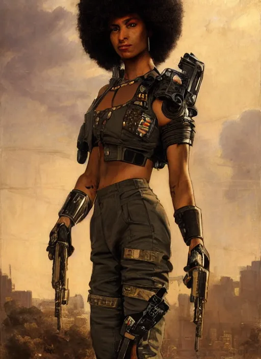 Prompt: buff Juliana. beautiful cyberpunk soldier wearing a military vest and military jumpsuit (cyberpunk 2077). gorgeous african face and afro. Iranian orientalist portrait by john william waterhouse and Edwin Longsden Long and Theodore Ralli and Nasreddine Dinet, oil on canvas. Cinematic, hyper realism, realistic proportions, dramatic lighting, high detail 4k