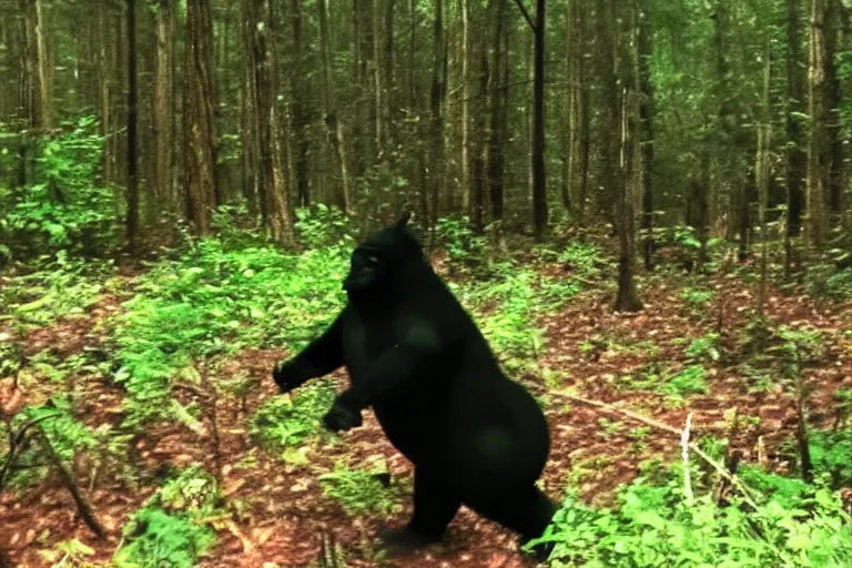 Prompt: camcorder footage of a dark fat monster in a forest, strange cryptid, frightening footage