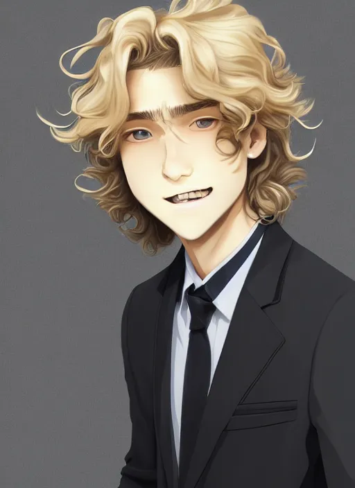 Prompt: young man with medium - length, curly, golden hair, perfectly proportioned face, aquamarine eyes, sweet smile, wearing a black suit, natural lighting, path traced, highly detailed, high quality, cartoon, digital painting, by new haicheng and studio ghibli