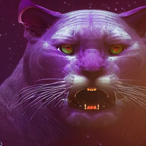 Image similar to a purple panther roaring at the moon in a forest during the night, large moon in the center. trending on artstation. cinematic. photoreal. dark colors. night.