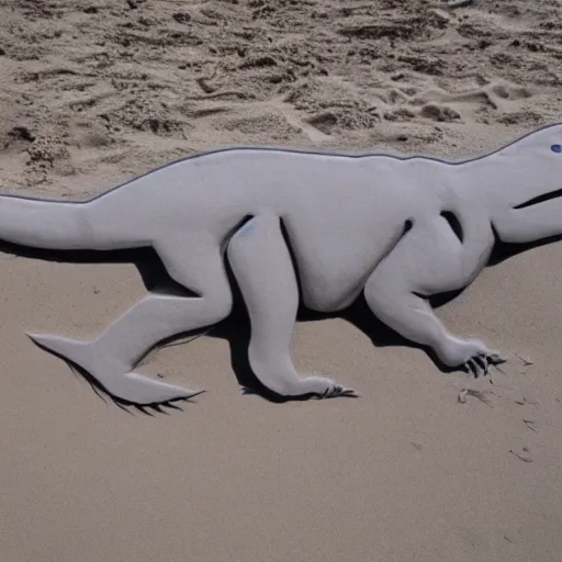 Image similar to photo of a trex made out of sand at the beach