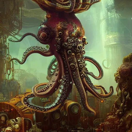 Prompt: underwater biopunk steampunk octopus, hyper detailed, digital art, trending in artstation, cinematic lighting, studio quality, smooth render, unreal engine 5 rendered, octane rendered, art style by klimt and nixeu and ian sprigger and wlop and krenz cushart.