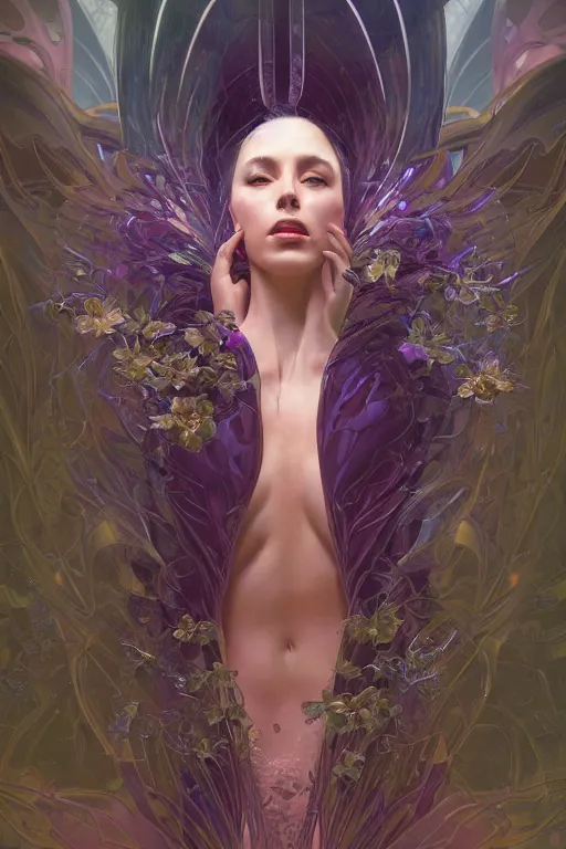 Prompt: Ultra realistic illustration, beautiful woman turning into an orchid, cyberpunk, sci-fi, fantasy, intricate, elegant, highly detailed, digital painting, artstation, concept art, smooth, sharp focus, illustration, art by artgerm and greg rutkowski and alphonse mucha, rene magritte, surrealism