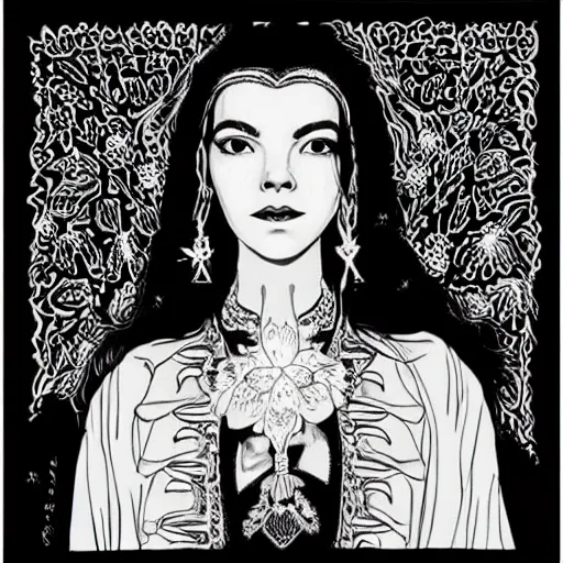 Prompt: black and white pen and ink!!!!!!! Suprani!!!!! sorcerer beautiful attractive long hair Anya Taylor-Joy wearing High Royal flower print robes flaming!!!! final form flowing ritual royal!!! Contemplative stance Vagabond!!!!!!!! floating magic witch!!!! glides through a beautiful!!!!!!! Camellia!!!! Tsubaki!!! death-flower!!!! battlefield behind!!!! dramatic esoteric!!!!!! Long hair flowing dancing illustrated in high detail!!!!!!!! by Hiroya Oku!!!!!!!!! graphic novel published on 2049 award winning!!!! full body portrait!!!!! action exposition manga panel black and white Shonen Jump issue by David Lynch eraserhead and beautiful line art Hirohiko Araki!! Frank Miller, Kentaro Miura!, Jojo's Bizzare Adventure!!!! 3 sequential art golden ratio technical perspective panels horizontal per page