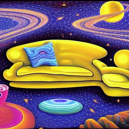 Image similar to psychedelic trippy couch in space, planets, milky way, sofa, cartoon by rob gonsalves