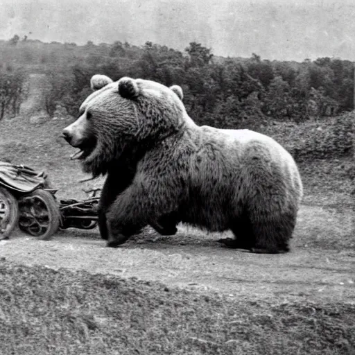 Image similar to a picture of a enormous bear pulling a towed cannon like a chariot, eastern front, historical picture