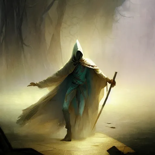 Prompt: ''cinematic shot'' white hooded mage ( specter ) holding a staff with leaves falling simetrical 8 k atmosferic realistic made by ivan aivazovsky, peter mohrbacher, greg rutkowski volumetric light effect broad light oil painting painting fantasy art style sci - fi art style realism premium prints available artwork unreal engine