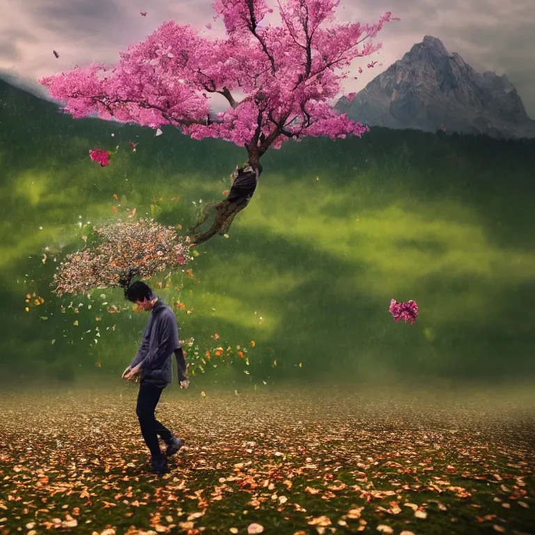 Prompt: a beautiful awesome artistic tree human walks next to a tree, tree with falling flowers like leaves and many birds, all in the amazing outdoors view, mountain in the background, lake, long exposure, 8 k resolution, trending on artstation