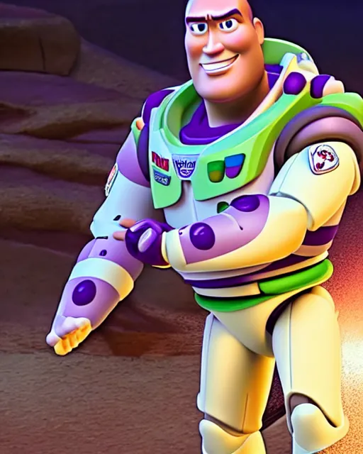 Image similar to Film still close-up shot of Dwayne Johnson as Buzz Lightyear in the movie Toy Story 3. Photographic, photography
