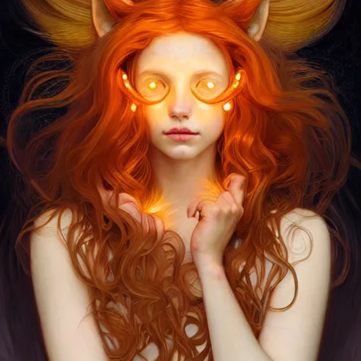 Image similar to Portrait of a girl angel with pale orange colored frizzy strands of illuminated hair, cat ears on her head, glowing halo, Lion's Mane, fantasy, intricate, elegant, highly detailed, digital painting, artstation, concept art, smooth, sharp focus, illustration, art by Krenz Cushart and Artem Demura and alphonse mucha