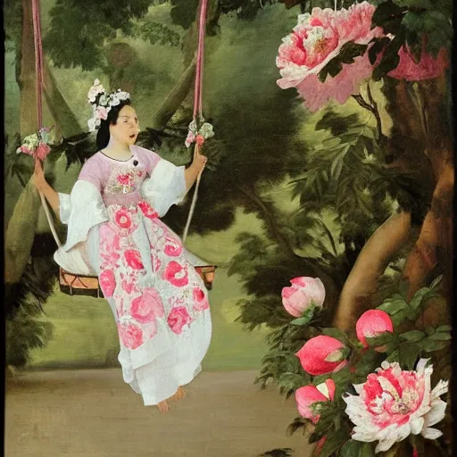 Prompt: A women in a peony dress swings on a flower swing in Bali style by velasquez