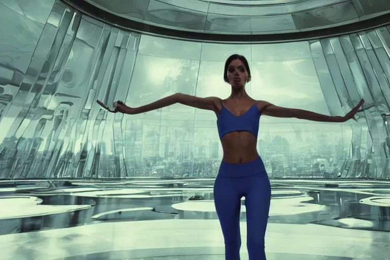 Prompt: vfx movie scene closeup portrait of beautiful blue skin fit alien gorgeous woman dancing in in yoga pants in sleek futuristic decadent spaceship pillars, alien antenna, futuristic ballroom. big eyes, soft skin, giant windows view of earth obit. by emmanuel lubezki