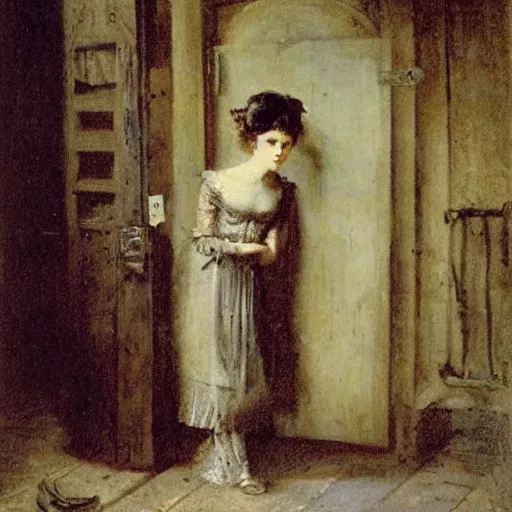 Image similar to young victorian lady lost in a dungeon, by alfred stevens