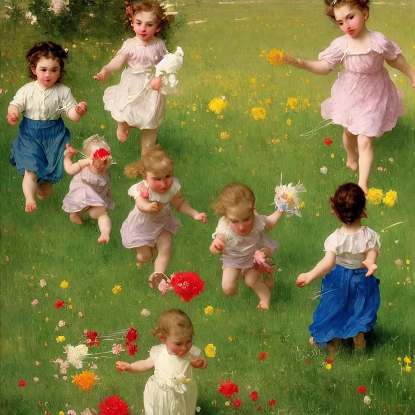 Prompt: idyllic cute toddler children running through meadows with lollypops, streamers, balloons, blue sky, flowers. dreamlike fantasy painting by norman rockwell, bouguereau. trending on artstation.