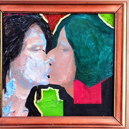 Image similar to mixed media collage of two women kissing, highly detailed, oil paint and canvas texture, punk expressionism