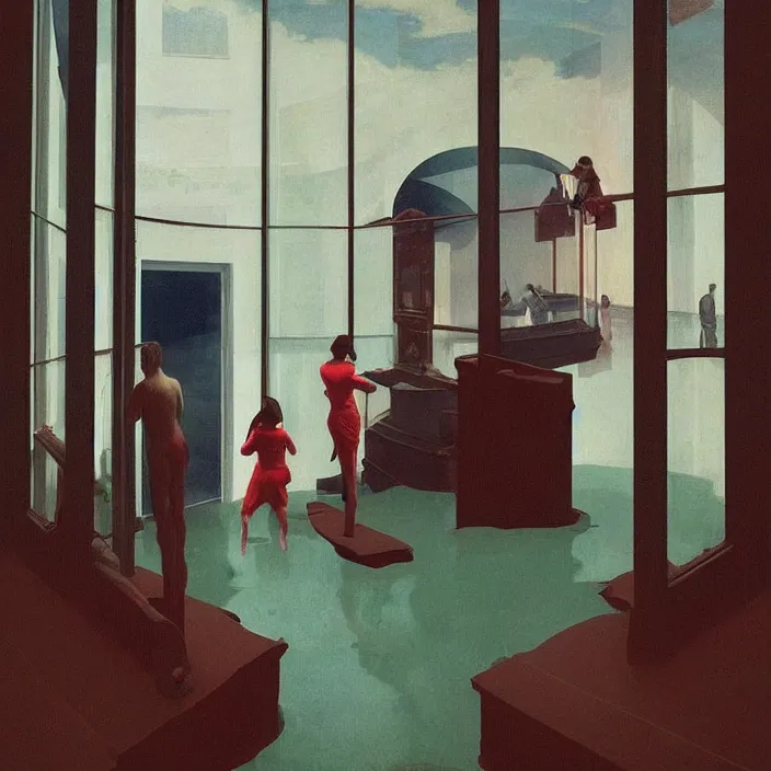 Image similar to fisheye lens, people inside water flooded museum, looking through the window Edward Hopper and James Gilleard, Zdzislaw Beksinski, highly detailed