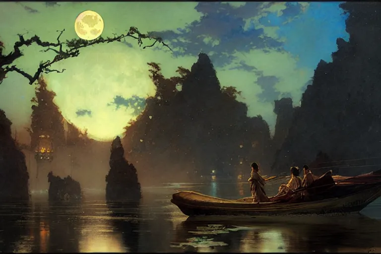 Image similar to wuxia, moon, river, night, painting by gaston bussiere, craig mullins, j. c. leyendecker