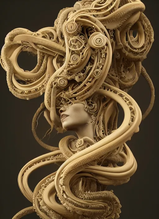 Prompt: biomechanical medusa made of soft wax, wooden art nouveau swirls, strong subsurface scattering, cables, tubes, subsurface scattering, in the style of ruan jia and beeple and giger, subsurface scattering, mystical colors, rim light, dramatic lighting, 8 k, stunning scene, raytracing, octane render, trending on artstation