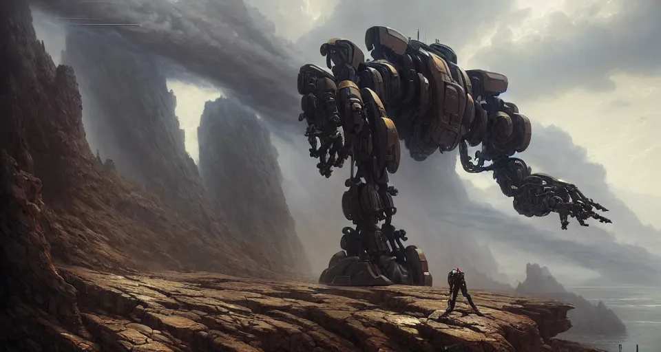 Image similar to hyper realistic sci - fi matte concept art painting of mecha on a cliff overlooking a raging battle, beautiful details, strong composition painted by kim jung guweta studio rutkowski, james gurney and greg rutkowski, and lucasfilm, smooth, intricate, detailed, sharp focus, cinematic