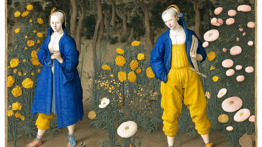 Image similar to portrait of a woman with blue hair buns, wearing a yellow jacket and baggy jeans, standing in a garden full of plants and flowers, intricate details, high detail, in the style of rogier van der weyden and jacopo da pontormo, punk, asian art,