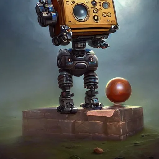 Prompt: robot [ thing ], holding a boombox, holding a bomb, tiny, small, short, cute and adorable, pretty, beautiful, dnd character art portrait, matte fantasy painting, deviantart artstation, by jason felix by steve argyle by tyler jacobson by peter mohrbacher, cinema