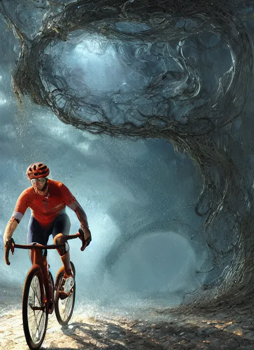 Prompt: a man with curly hair and round glasses wearing an aero helmet while riding a gravel bike with two water bottles, fantasy, digital painting, volumetric light, intricate, sharp, focus, bloom, illustration, highly detailed, concept art, matte, ruan jia, randy vargas, greg rutkowski