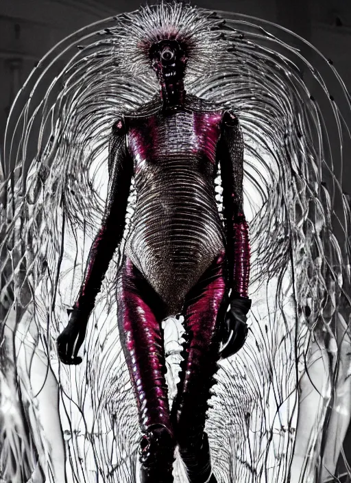 Image similar to walking down the catwalk, steven klein, show, stage, vogue photo, podium, fashion show photo, iris van herpen, beautiful woman, full body shot, helmet on face, masterpiece, plant predator, guyver, jellyfish, biomechanical details, movie still, fauvism, cinestill, bokeh, gelios lens