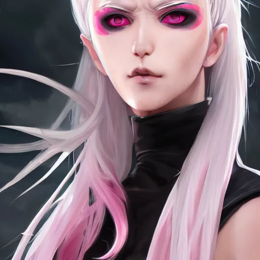 Prompt: white hair with pink highlights parted down the middle, white hakama wearing, black sclera white pupil, anime man, full body shot, portrait made by Stanley Artgerm, WLOP, Rossdraws, James Jean Andrei Riabovitchev, Marc Simonetti, Yoshitaka Amano, Artstation