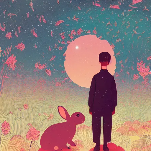 Image similar to A rabbit full of hope, looking for a black hole in an infinite time loop by Victo Ngai and Ghibli andlisk feng and atey ghailan