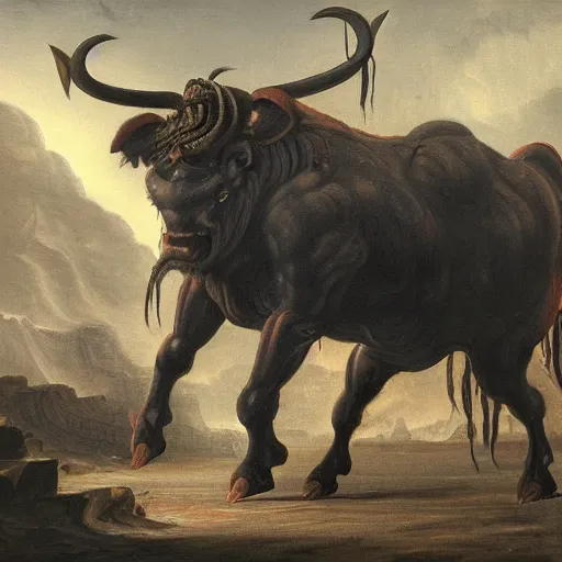 Prompt: A detailed dark painting of a dark raging minotaur looking aggressive and confused, he is surrounded by a ruin, he is floundering, there is a ladder in the background it is going upwards, muffled colours