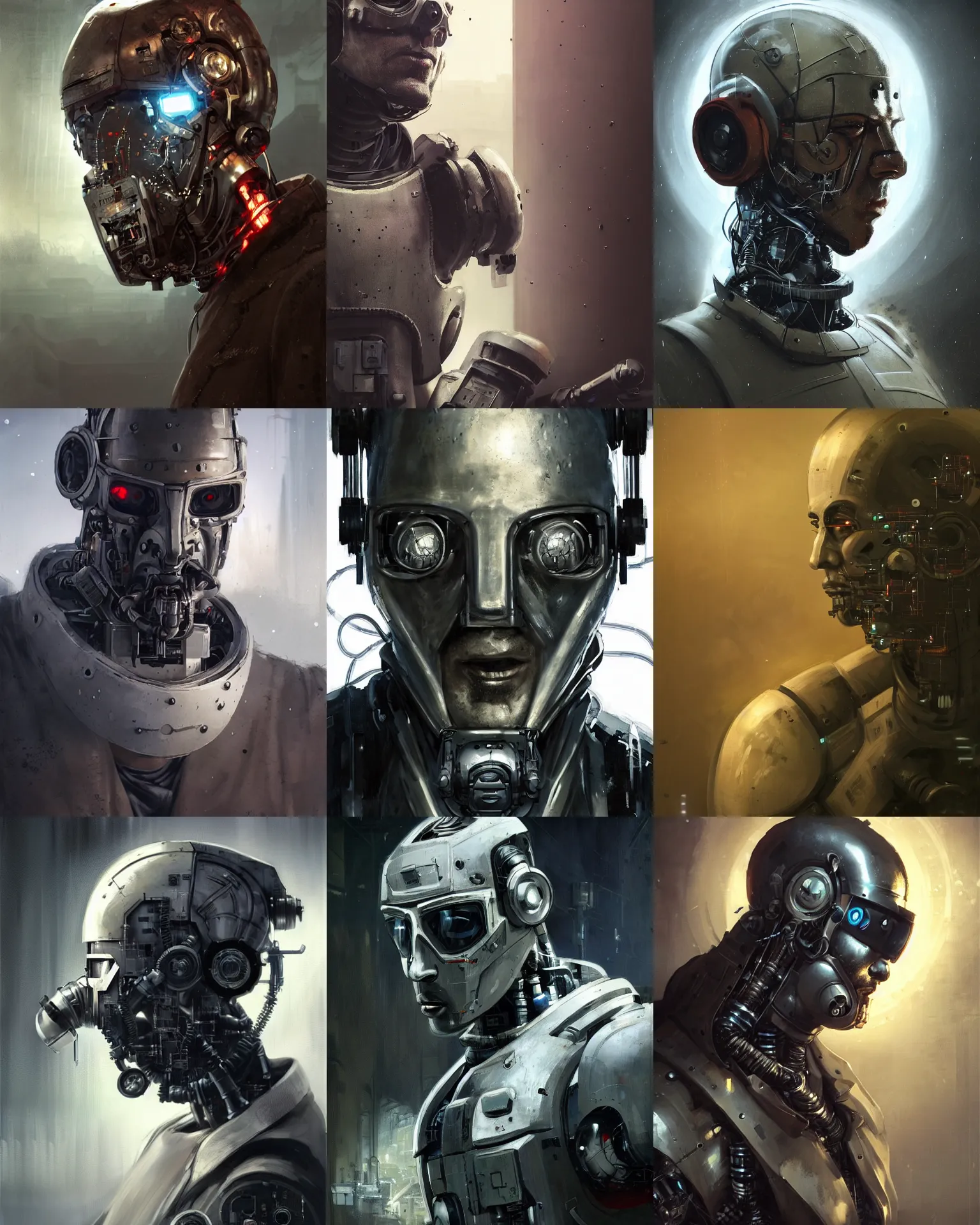 Prompt: a masked rugged laboratory engineer man with cybernetic enhancements as seen from a distance, scifi character portrait by greg rutkowski, craig mullins, daytoner, 1 / 4 headshot, cinematic lighting, dystopian scifi outfit, gloomy, profile picture, mechanical, cyborg, half robot, implants, dieselpunk, hyper detail