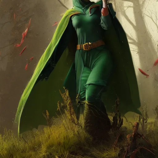 Prompt: an portrait of an hunter woman with a green cape and hoodie on, Matte painting , detailed painting, greg rutkowski