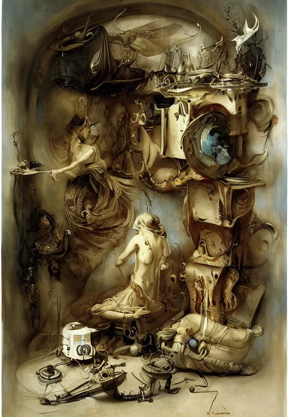 Image similar to soft color medical equipment, whirling, minimalist environment, by hr giger and esao andrews and maria sibylla merian eugene delacroix, thomas moran, pop art