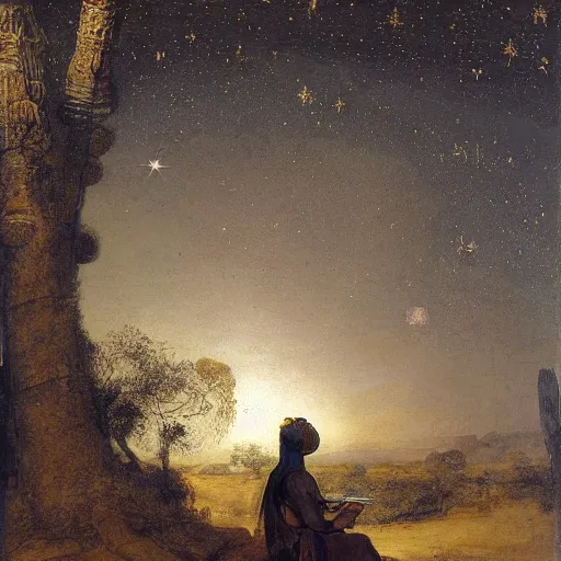 Prompt: a Druid reading an ancient scroll, sitting under a large palm tree in the desert next to a small fire, ancient Egyptian city far away in the distance, night, dark, starry sky, brown hooded cloak, oil on canvas by Rembrandt