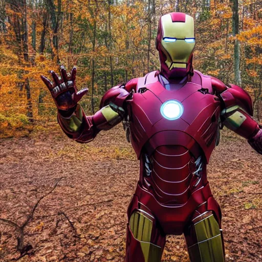Prompt: rusty abandoned iron man suit in the middle of the forest, 4k realistic photo