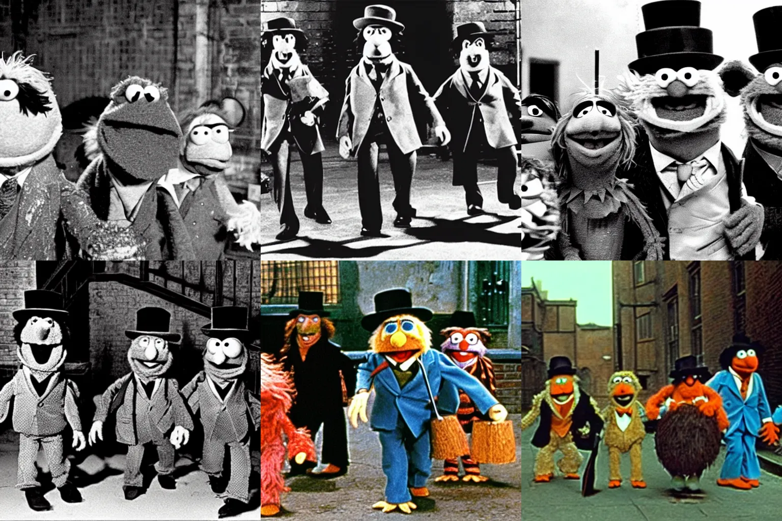 Prompt: A gang of muppets carrying bats in a dark alley, from the film A Clockwork Orange