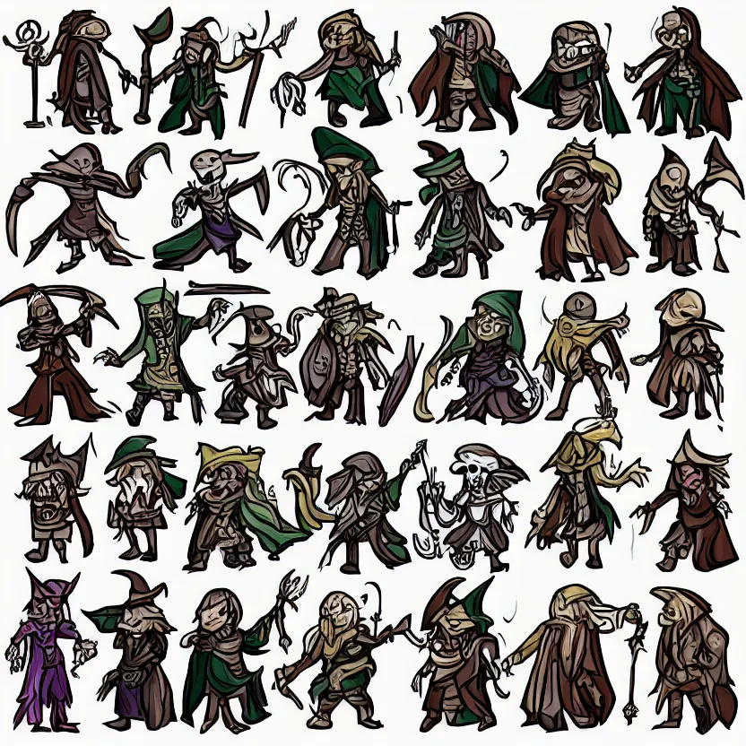 Image similar to set of characters'sprites, containing a cute wizard and skeleton enemies of different magic types, colored lineart from