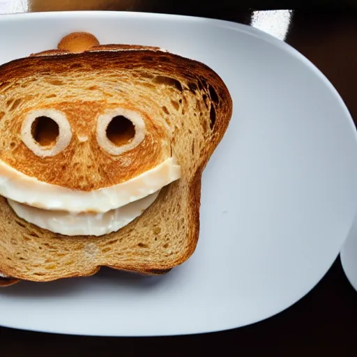 Prompt: photo of breakfast toast that looks like hillary clinton's face, taken with my nikon d 3