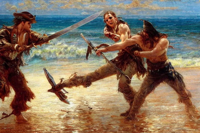 Image similar to action still of a shipwrecked man fighting a pirate with a sword. art by gaston bussiere.