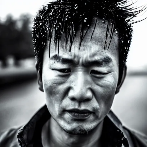 Prompt: a close up photographic portrait of a handsome asian actor looking worried taken by annie leibowitz in the rain. cinematic lighting, blue background colour, 5 0 mm, subsurface scatter.