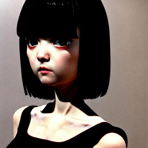 Image similar to girl with morbid thoughts wearing a black spring dress with short hair with bangs, she is thequeen of sharp needles, under the effect of psychosis and euphoria, by Range Murata, Katsuhiro Otomo, Yoshitaka Amano, and Artgerm. 3D shadowing effect, 8K resolution.