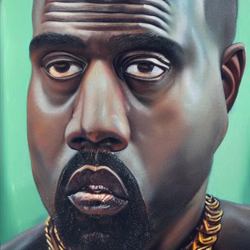 Image similar to a realistic oil painting of a cybernetic kanye west cyborg, surrealism portrait, close up