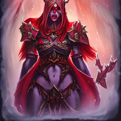 Image similar to Sylvanas with red skin, hearthstone art