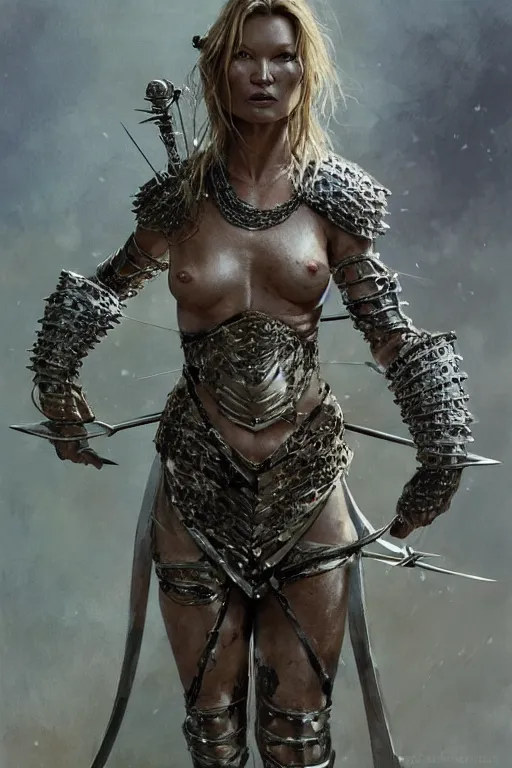 Image similar to kate moss, warrior, partially clothed in metal battle armor, lord of the rings, tattoos, decorative ornaments, by carl spitzweg, ismail inceoglu, vdragan bibin, hans thoma, greg rutkowski, alexandros pyromallis, perfect face, fine details, realistic shading, photorealism