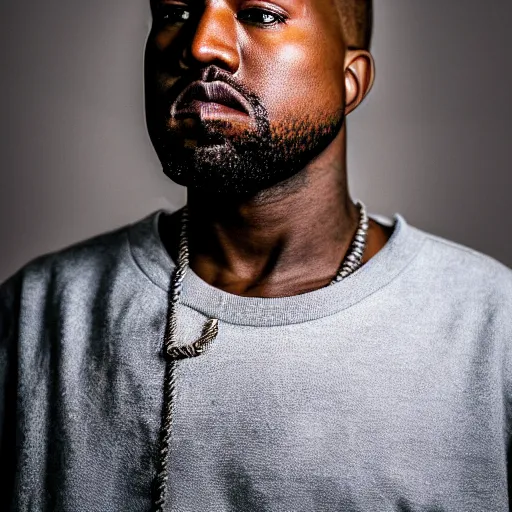 Prompt: the face of young kanye west wearing yeezy clothing at 3 4 years old, portrait by julia cameron, chiaroscuro lighting, shallow depth of field, 8 0 mm, f 1. 8