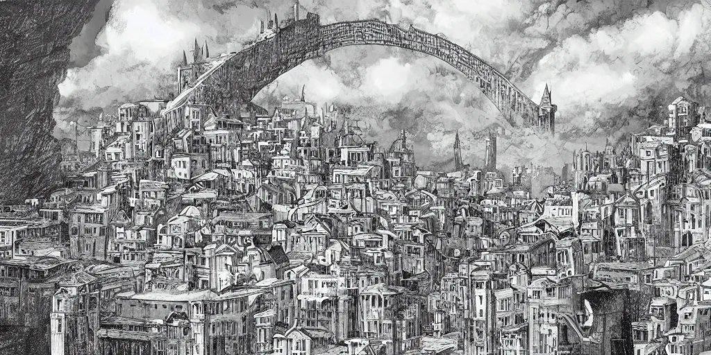 Prompt: Illustration, single long narrow huge ancient city on a narrow sky high bridge, over water, really long, all buildings on bridge, tall arched bridge holding the city in the clouds